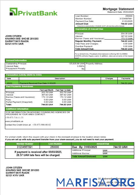 Downloadable Ukrainian Privatbank bank mortgage statement in Word and PDF formats real example